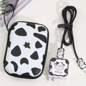 6pcs Cow Pattern TPU Data Cable Protector & Charger Head Cover & Storage Bag Set